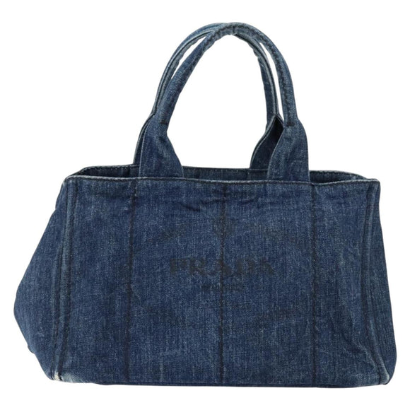 PRADA Canapa MM Hand Bag Denim Blue Gold Auth BA7761