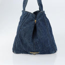 PRADA Canapa MM Hand Bag Denim Blue Gold Auth BA7761-3