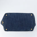 PRADA Canapa MM Hand Bag Denim Blue Gold Auth BA7761-5