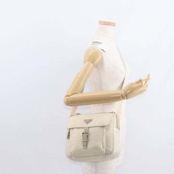 PRADA Shoulder Bag Nylon Beige Silver Auth BA7762