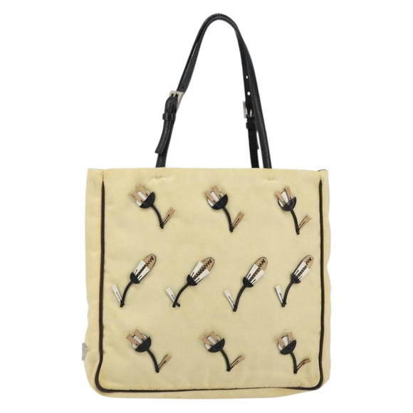 PRADA Hand Bag Nylon Leather Beige Silver Auth BA7765