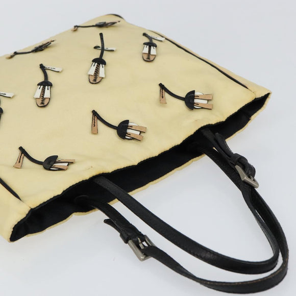 PRADA Hand Bag Nylon Leather Beige Silver Auth BA7765
