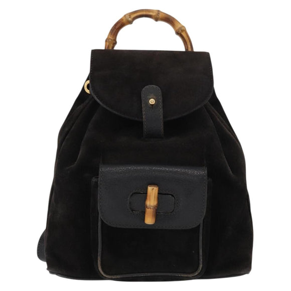 GUCCI Bamboo Backpack Suede Leather Black Gold 003 1705 0030 Auth BA7789