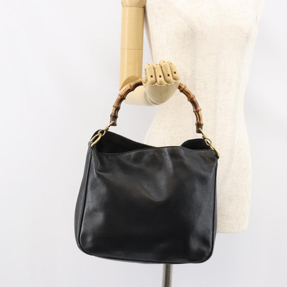 GUCCI Bamboo Hand Bag Leather Black Gold 001 0166 1638 Auth BA7790