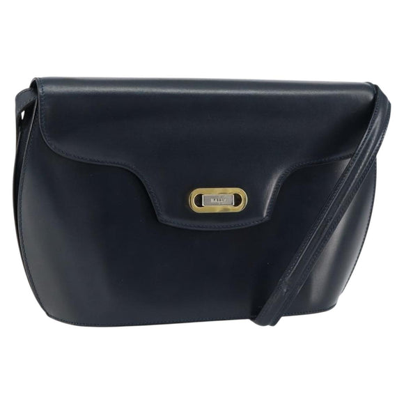 BALLY Shoulder Bag Leather Navy Gold Auth BA7814
