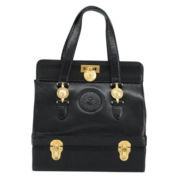 VERSACE Hand Bag Leather Black Gold Auth BA7817
