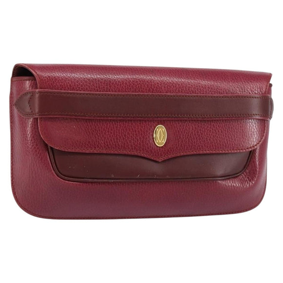 CARTIER Must Line Clutch Bag Leather Bordeaux Gold Auth BA7821