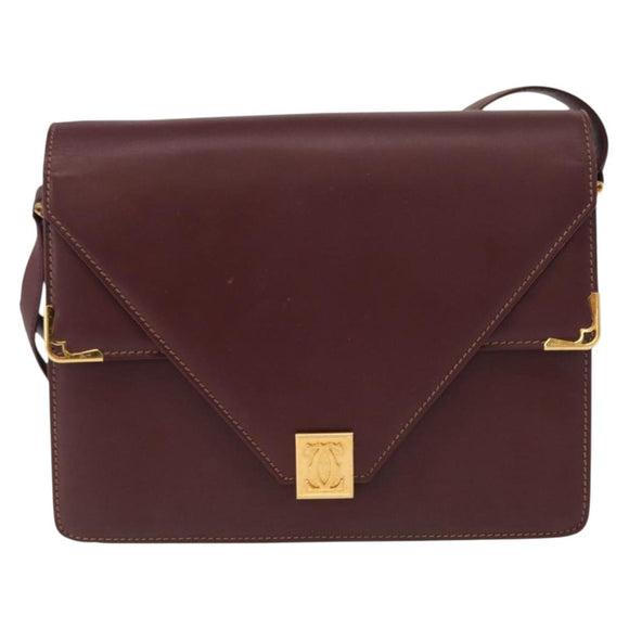 CARTIER Must Line Shoulder Bag Leather Bordeaux Gold Auth BA7823