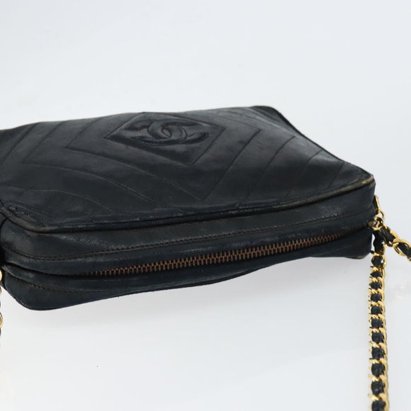 CHANEL Chain Shoulder Bag Lamb Skin Black Gold CC Auth BA7827