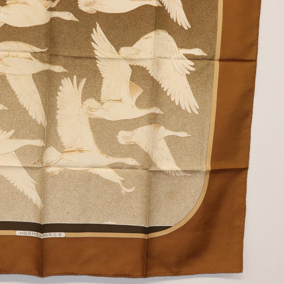 HERMES Carre 90 Scarf Silk ""OISEAUX MIGRATEURS"" Brown Auth BA7840