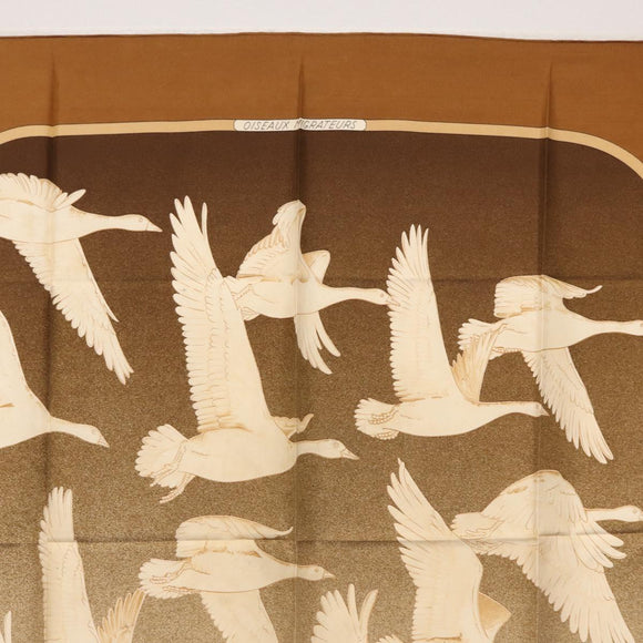 HERMES Carre 90 Scarf Silk ""OISEAUX MIGRATEURS"" Brown Auth BA7840