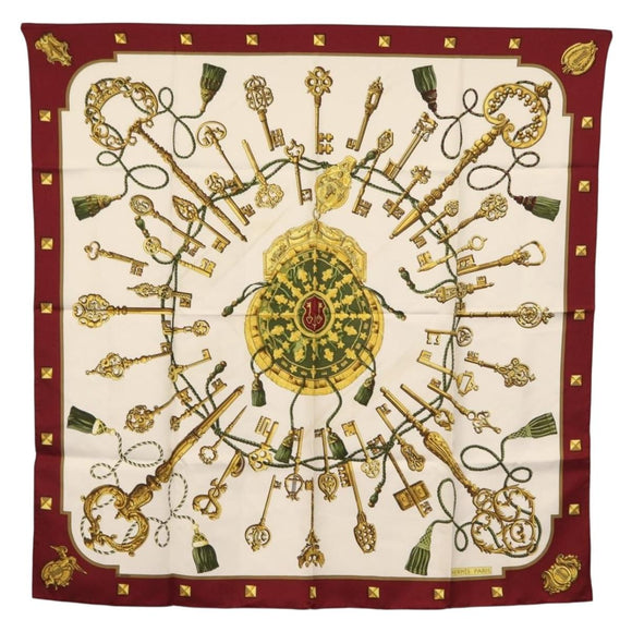 HERMES Carre 90 Scarf Silk ""Les Clés"" Bordeaux Auth BA7841