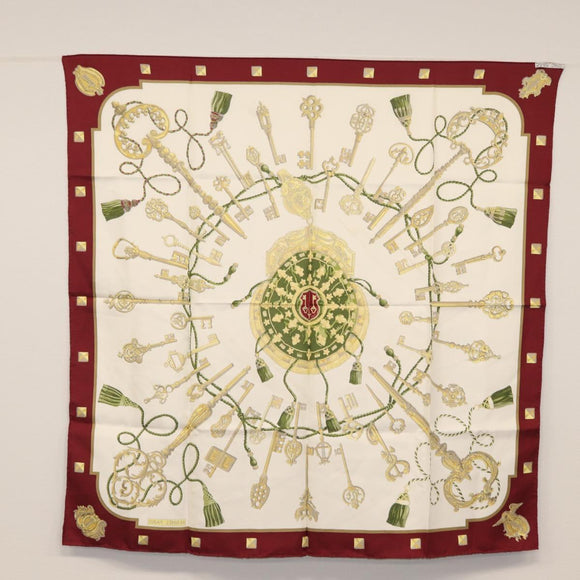 HERMES Carre 90 Scarf Silk ""Les Clés"" Bordeaux Auth BA7841