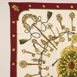 HERMES Carre 90 Scarf Silk ""Les Clés"" Bordeaux Auth BA7841 - 0