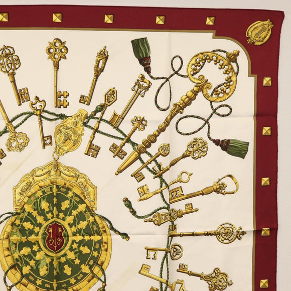 HERMES Carre 90 Scarf Silk ""Les Clés"" Bordeaux Auth BA7841