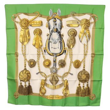 HERMES Carre 90 Scarf Silk ""Frontaux et cocardes"" Green Auth BA7842