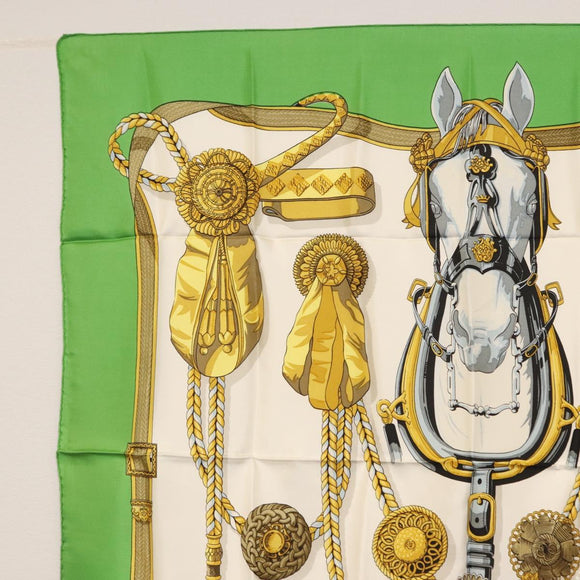 HERMES Carre 90 Scarf Silk ""Frontaux et cocardes"" Green Auth BA7842