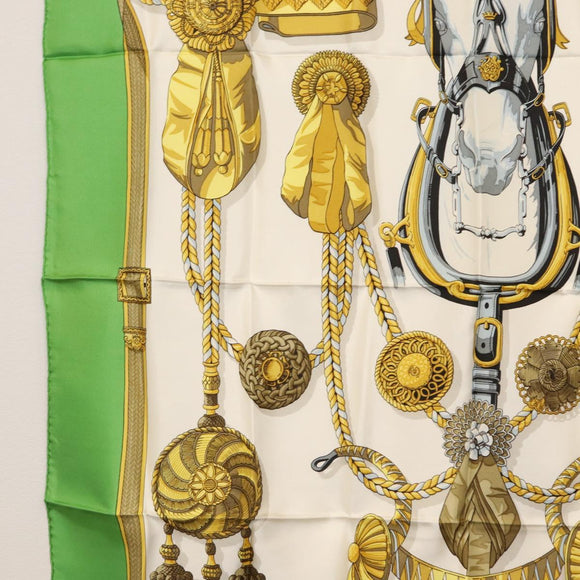 HERMES Carre 90 Scarf Silk ""Frontaux et cocardes"" Green Auth BA7842