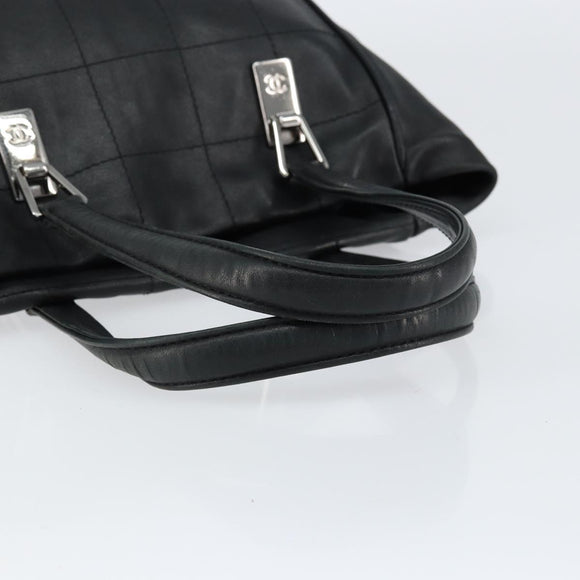 CHANEL Choco Bar Tote Bag Leather Black Silver CC Auth BA7844