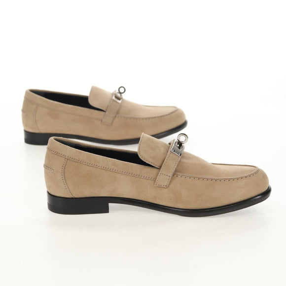 HERMES Destan Kelly Buckle Loafers Shoes Suede Beige Auth BA7958M