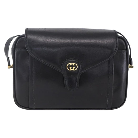 GUCCI Shoulder Bag Leather Black Gold Auth BA7977
