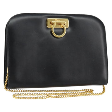 Salvatore Ferragamo Gancini Chain Shoulder Bag Leather Black Gold Auth BA7978