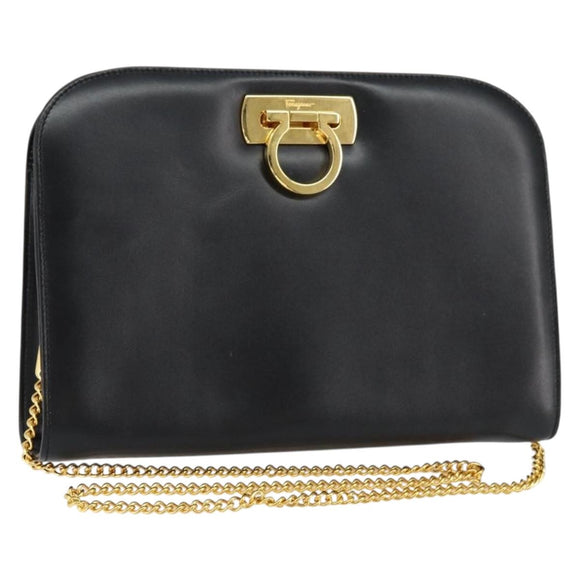 Salvatore Ferragamo Gancini Chain Shoulder Bag Leather Black Gold Auth BA7978