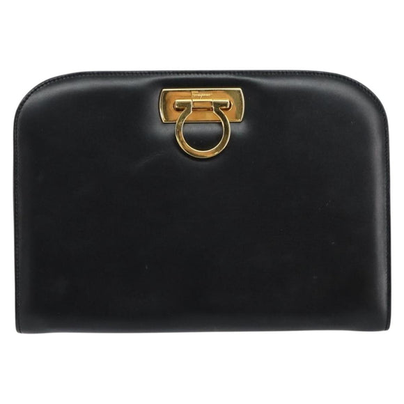 Salvatore Ferragamo Gancini Chain Shoulder Bag Leather Black Gold Auth BA7978