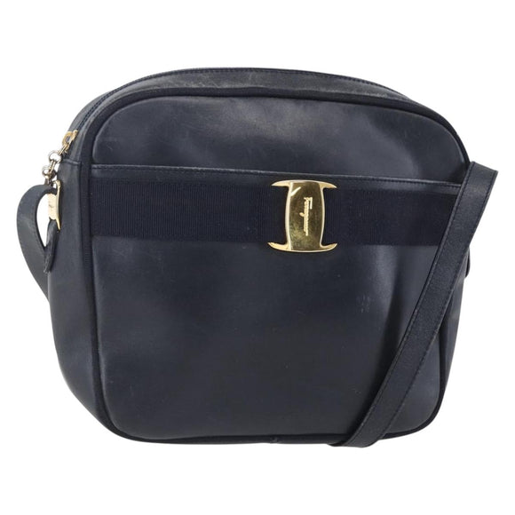 Salvatore Ferragamo Vala Shoulder Bag Leather Navy Gold Auth BA7981