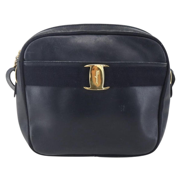 Salvatore Ferragamo Vala Shoulder Bag Leather Navy Gold Auth BA7981