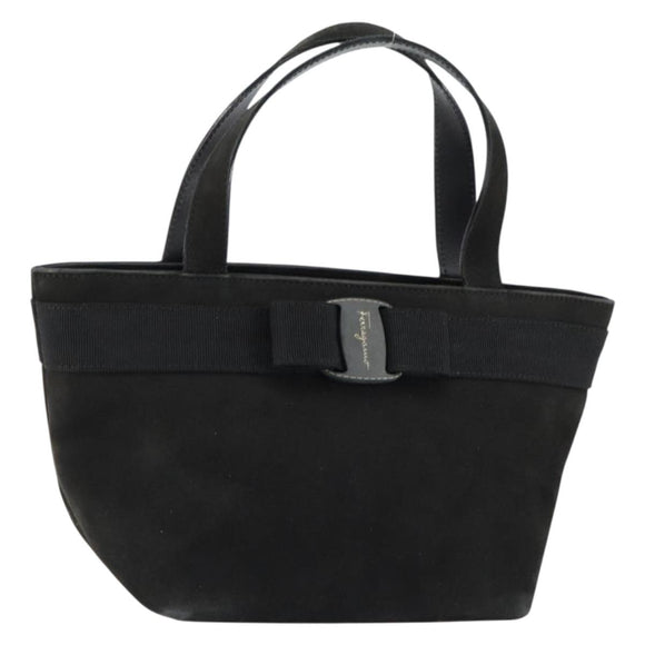 Salvatore Ferragamo Vala Hand Bag Suede Black Gold Auth BA7982