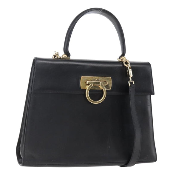 Salvatore Ferragamo Gancini Hand Bag Leather 2way Black Gold Auth BA7984