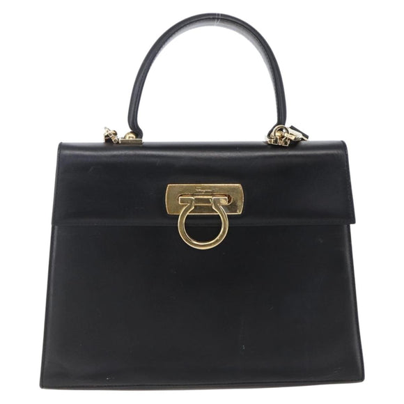 Salvatore Ferragamo Gancini Hand Bag Leather 2way Black Gold Auth BA7984