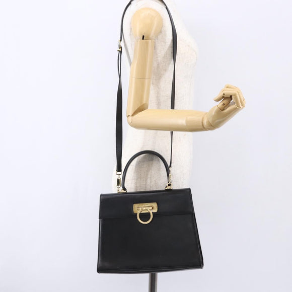 Salvatore Ferragamo Gancini Hand Bag Leather 2way Black Gold Auth BA7984