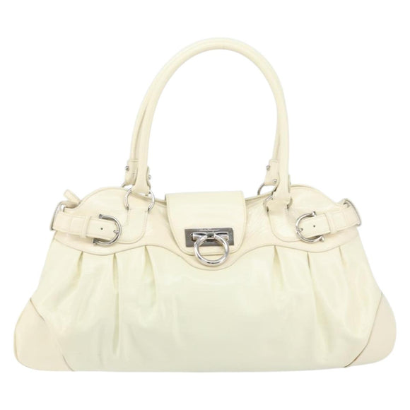 Salvatore Ferragamo Gancini Tote Bag Leather Silver White Auth BA7989