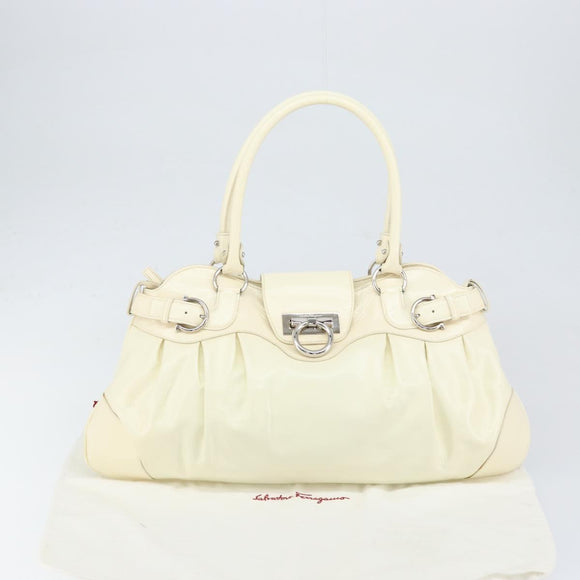 Salvatore Ferragamo Gancini Tote Bag Leather Silver White Auth BA7989