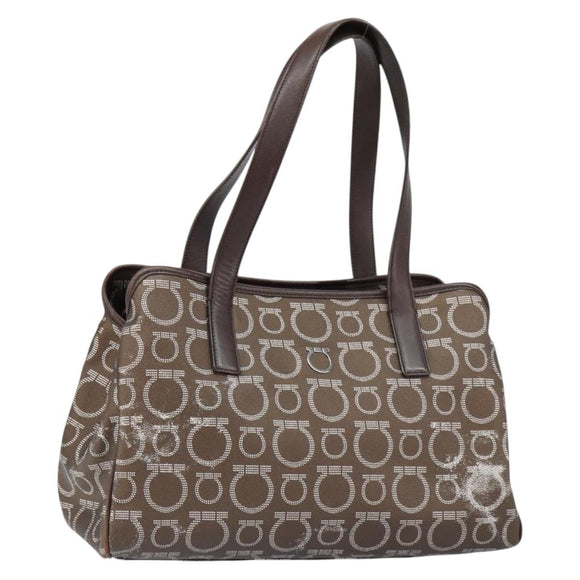 Salvatore Ferragamo Gancini Shoulder Bag Leather Brown Silver Auth BA7992