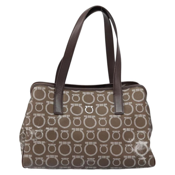Salvatore Ferragamo Gancini Shoulder Bag Leather Brown Silver Auth BA7992