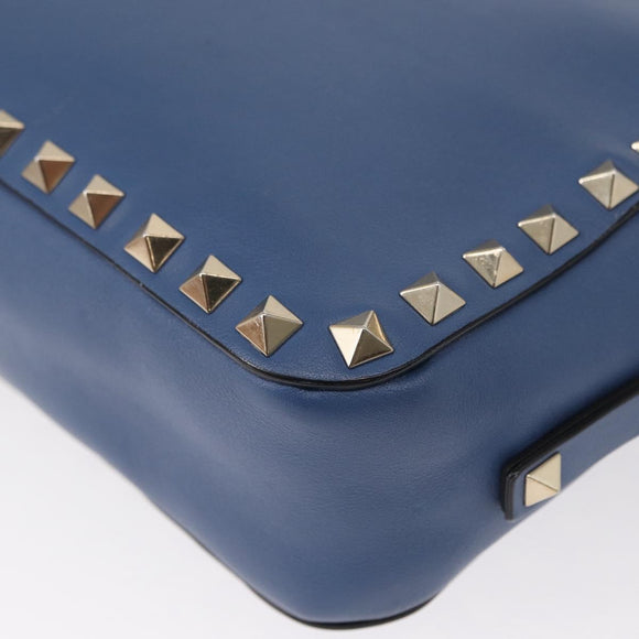 VALENTINO Studs Chain Shoulder Bag Leather Blue Gold Auth BA8011
