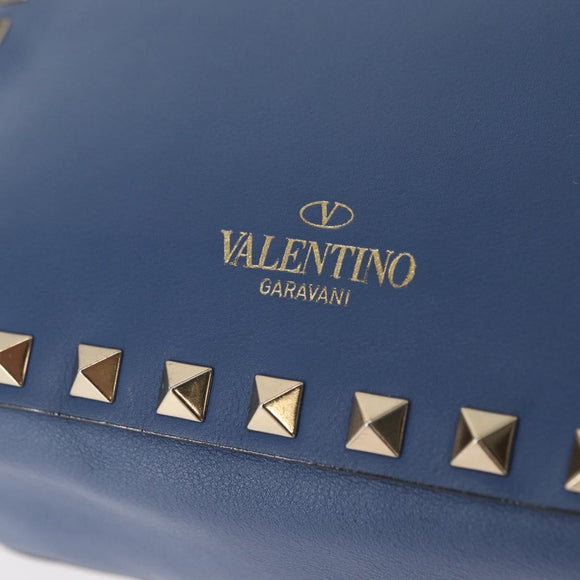 VALENTINO Studs Chain Shoulder Bag Leather Blue Gold Auth BA8011