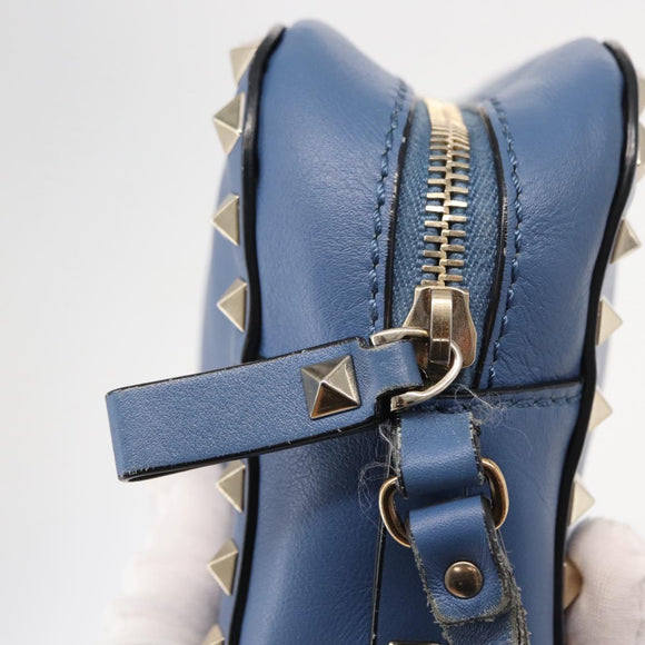 VALENTINO Studs Chain Shoulder Bag Leather Blue Gold Auth BA8011