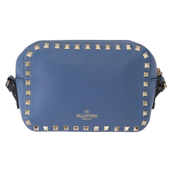 VALENTINO Studs Chain Shoulder Bag Leather Blue Gold Auth BA8011