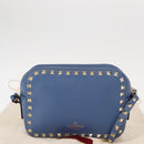 VALENTINO Studs Chain Shoulder Bag Leather Blue Gold Auth BA8011-12