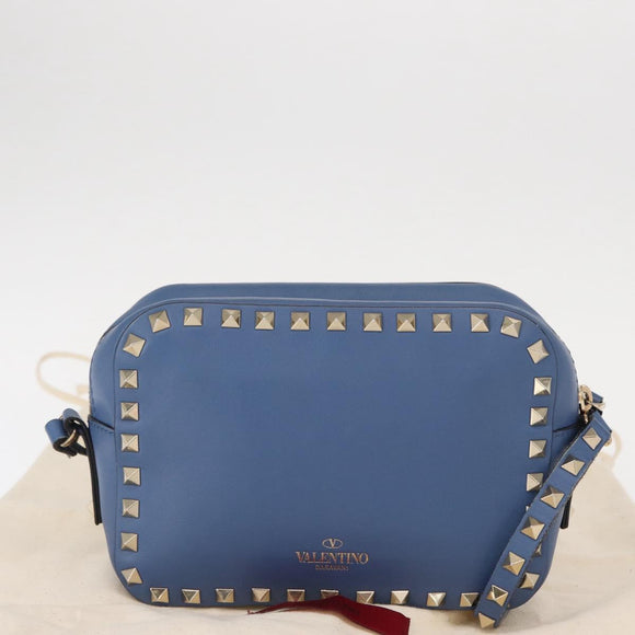 VALENTINO Studs Chain Shoulder Bag Leather Blue Gold Auth BA8011