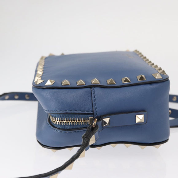 VALENTINO Studs Chain Shoulder Bag Leather Blue Gold Auth BA8011