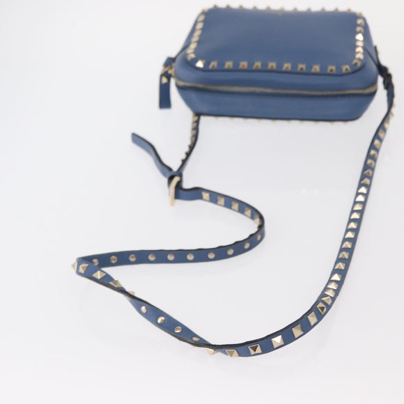 VALENTINO Studs Chain Shoulder Bag Leather Blue Gold Auth BA8011