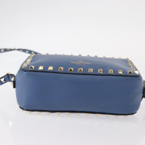 VALENTINO Studs Chain Shoulder Bag Leather Blue Gold Auth BA8011