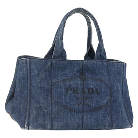 PRADA Canapa MM Hand Bag Denim Blue Gold Auth BA8018