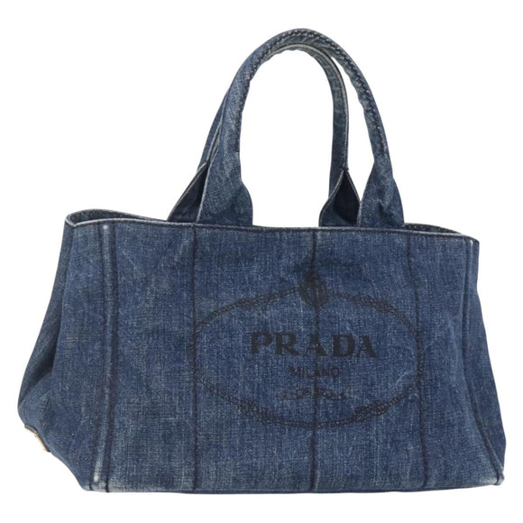 PRADA Canapa MM Hand Bag Denim Blue Gold Auth BA8018