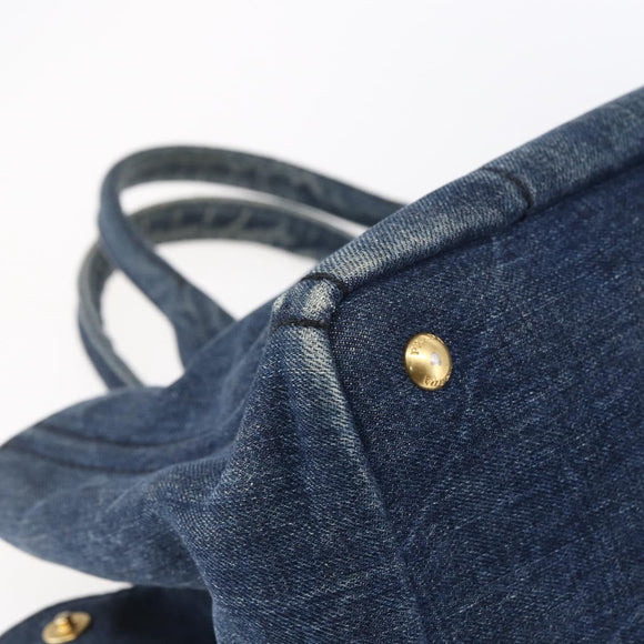 PRADA Canapa MM Hand Bag Denim Blue Gold Auth BA8018